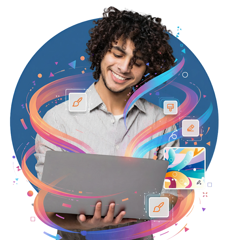 man holding laptop who is using our design subscription to get graphics for his website