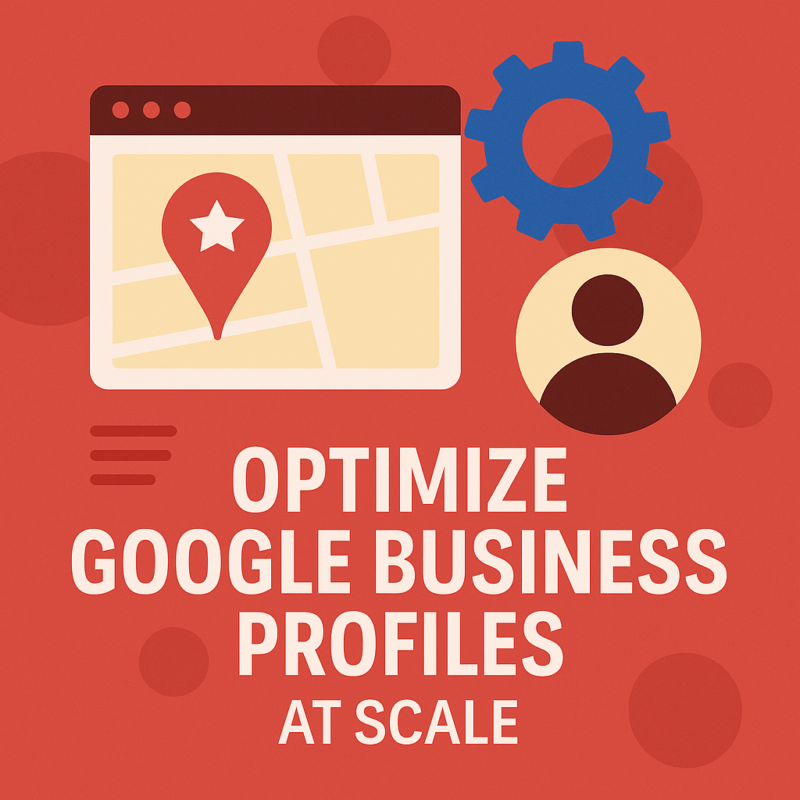 Map pin, user, and gear icons with text offering local SEO tips for franchises on Google Business at scale