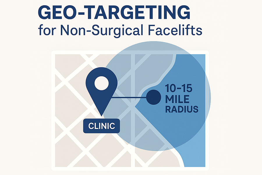 Map showing a 10–15 mile radius around a clinic to illustrate a Google Ads strategy for non-surgical facelifts