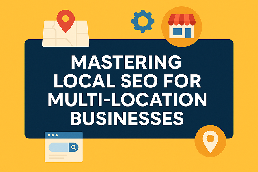 Graphic with icons and title text promoting Local SEO for Multi-Location Businesses across digital and physical locations