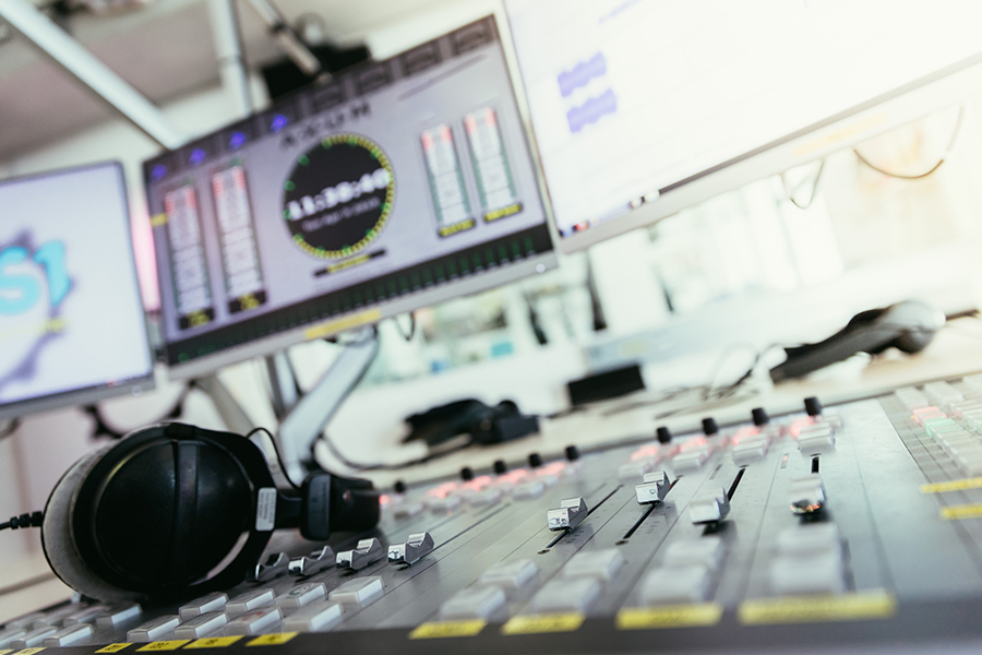 Radio broadcasting studio Soundboard and computers