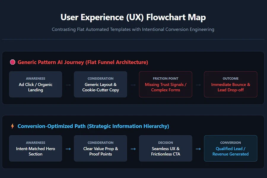 Ux-Design-Flowchart-Showing-The-Contrast-Between-An-Intentional-Human-Mapped-Conversion-Funnel-And-A-Generic-Template-Pattern-Layout ux design flowchart showing the contrast between an intentional human-mapped conversion funnel and a generic template-pattern layout.