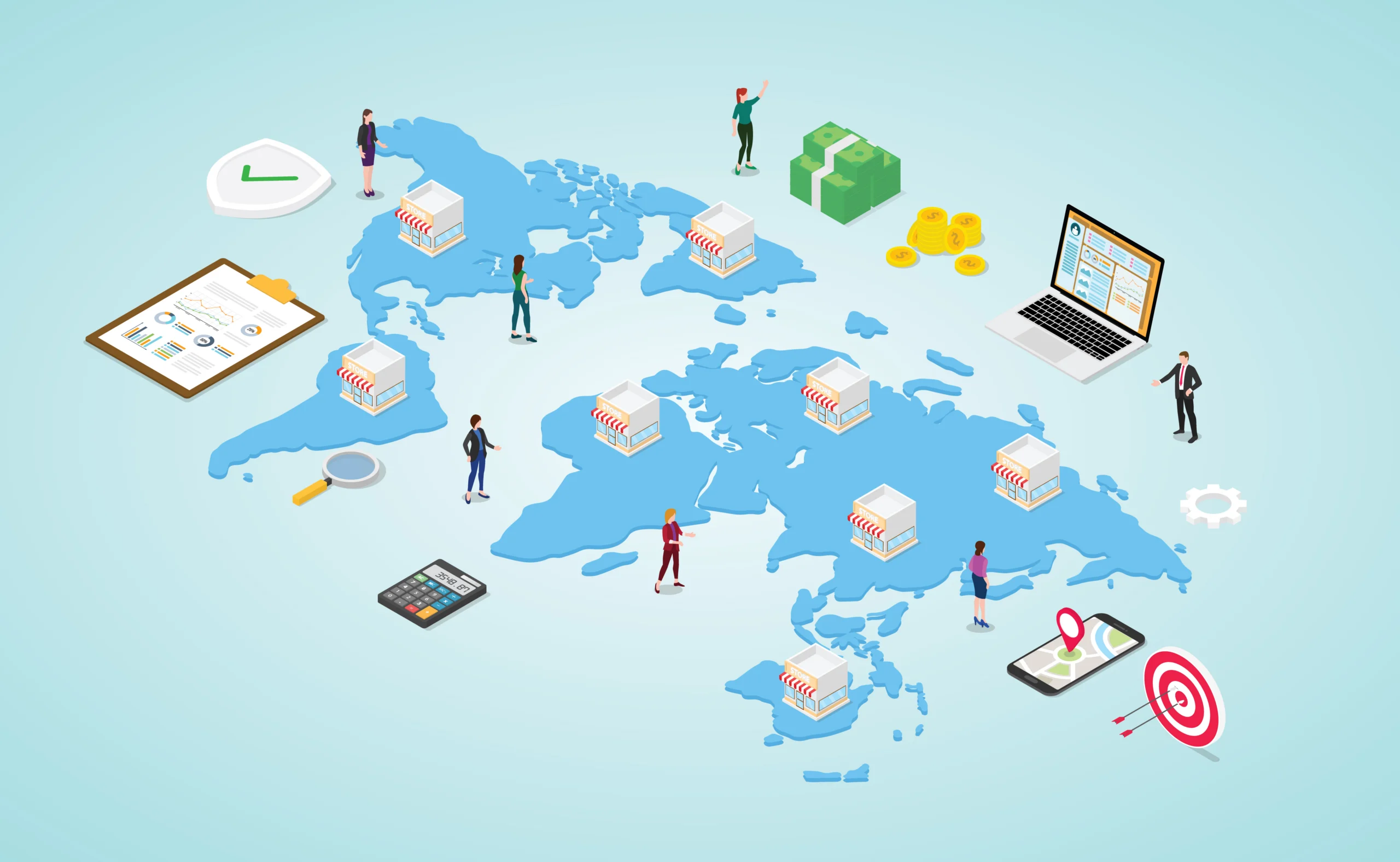 Franchise Business With Multiple Store And People With Money And Finance Calculation With World Map And Isometric Modern Flat Style – Vector building international franchise concept image