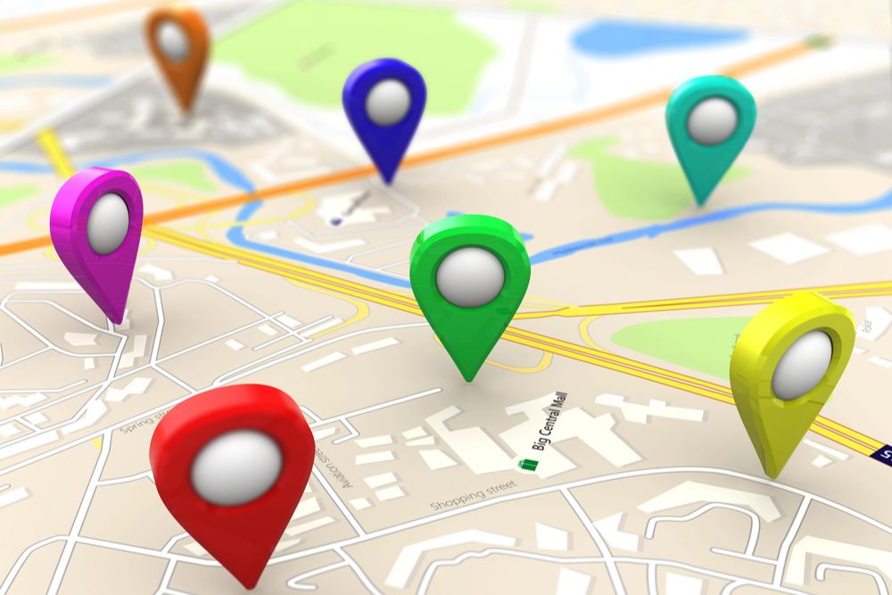 colored business location pins on a map