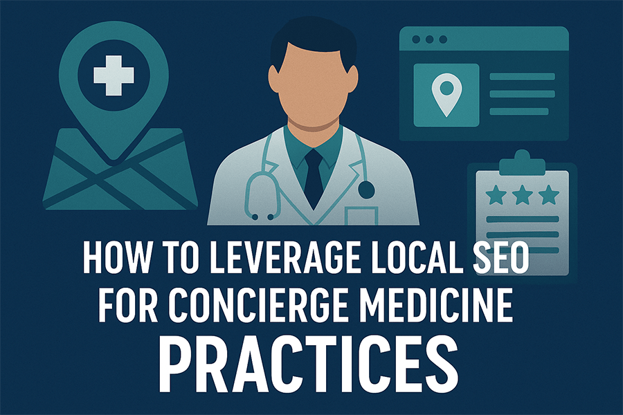Local SEO for concierge medicine practices with medical icons and a healthcare professional illustration