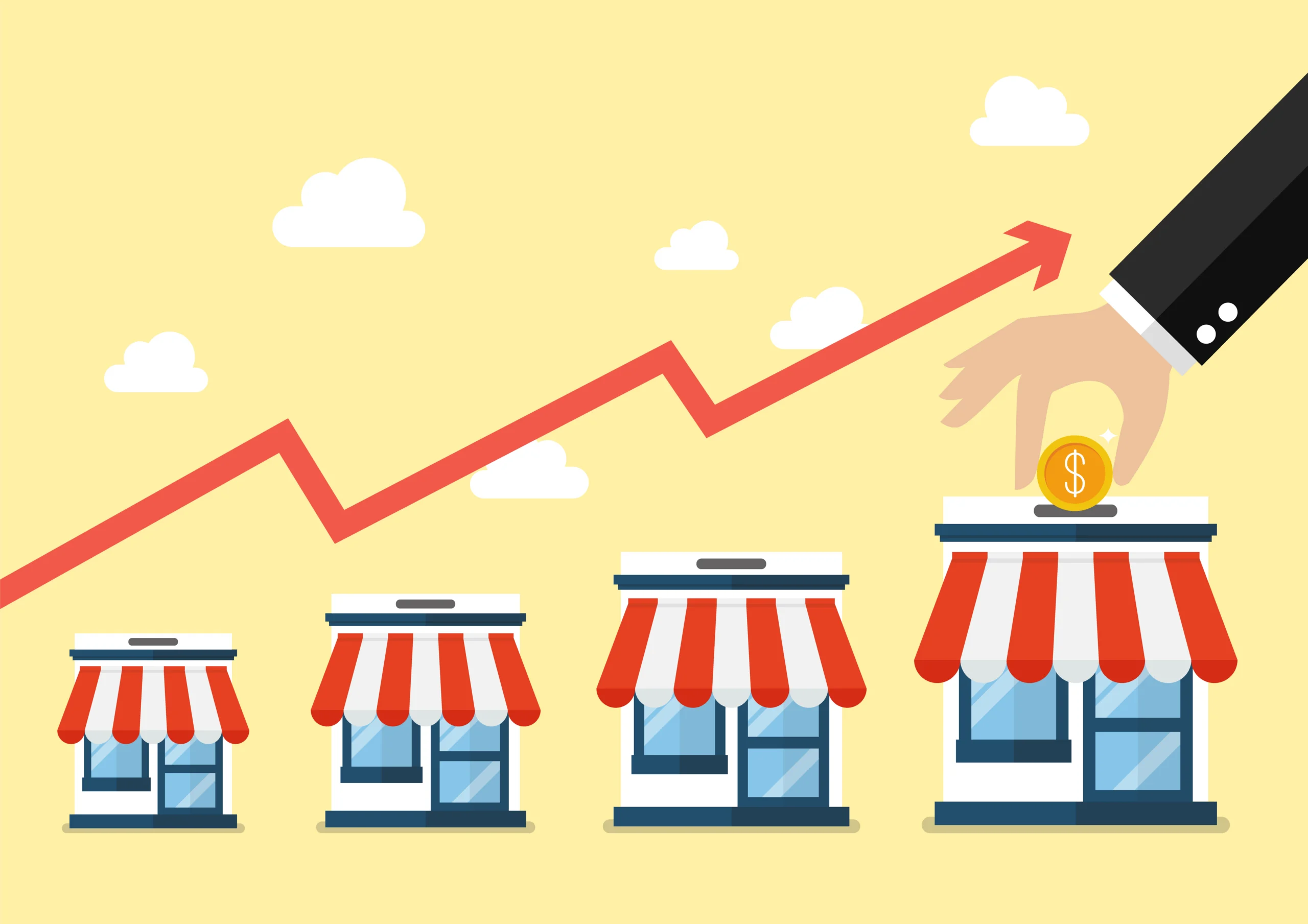 Step Of Hand Collect The Money In Shop Store franchise marketing development strategy showing growth for franchises