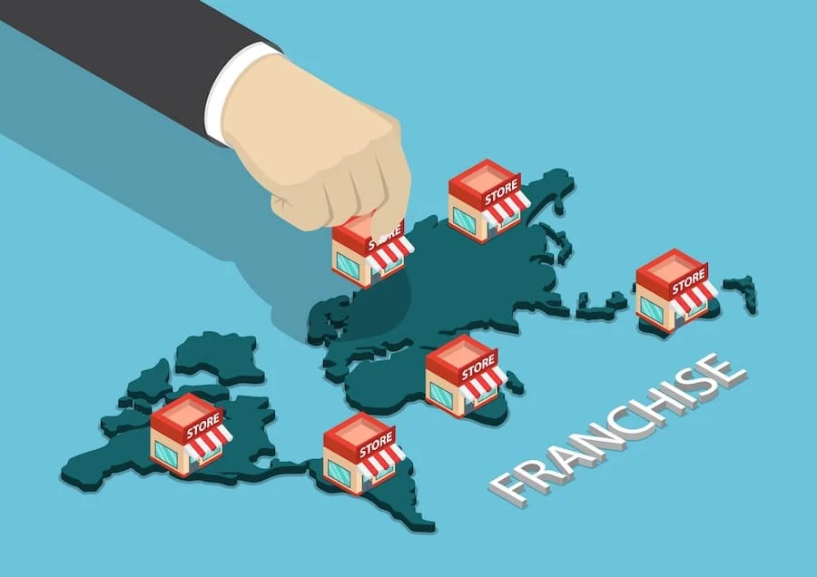 a map pinpointing the multiple locations of a successful franchise business across the world.