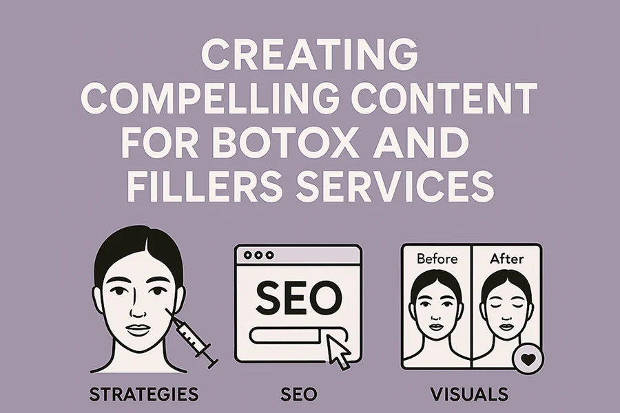 how to create compelling content for botox and filler services with icons for strategies, seo, and before-and-after visuals.