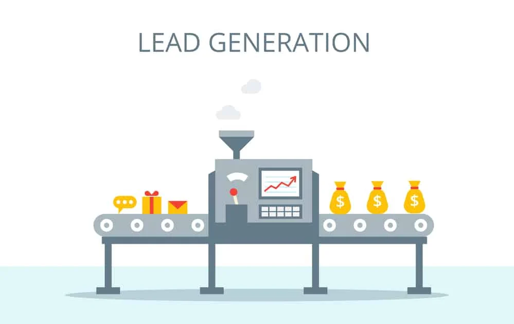 Lead Generation Vector Concept. Process Of Leads Production On The Conveyor Belt. Marketing Concept In Flat Style. image representing how med spa lead generation tactics turn into sales