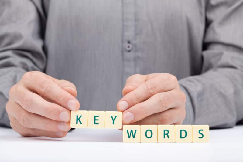 PPC Ads Keywords concept. Man complete word keywords