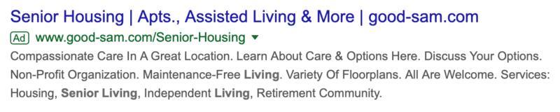 Sample of senior housing paid ad for a assisted living community